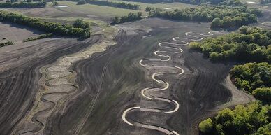 Lake Ralph Hall stream mitigation, showing the restored curves of the river, supported on its bends to prevent wash-out.