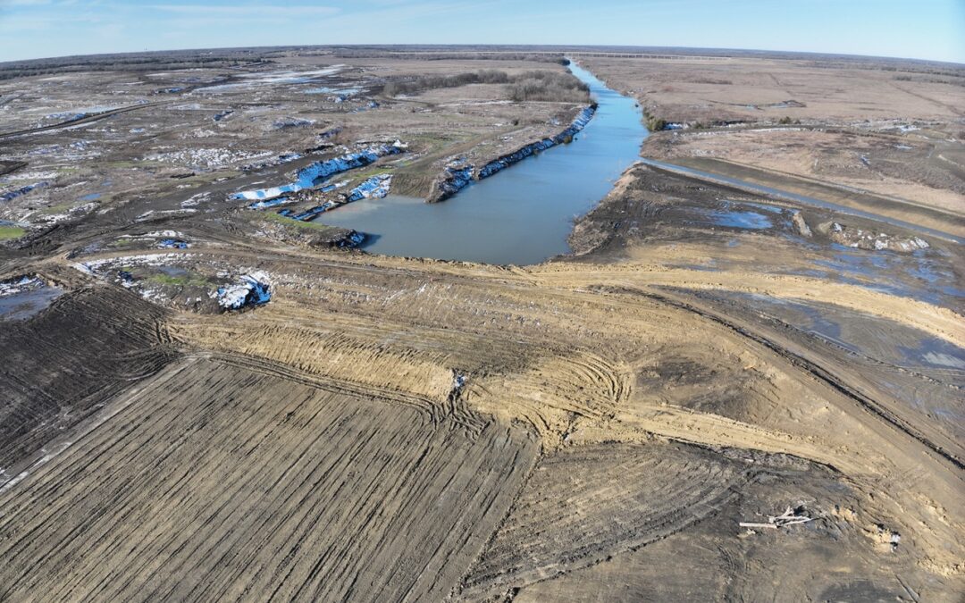Coffer dam across North Sulphur River to redirect water over the spillway January 2025