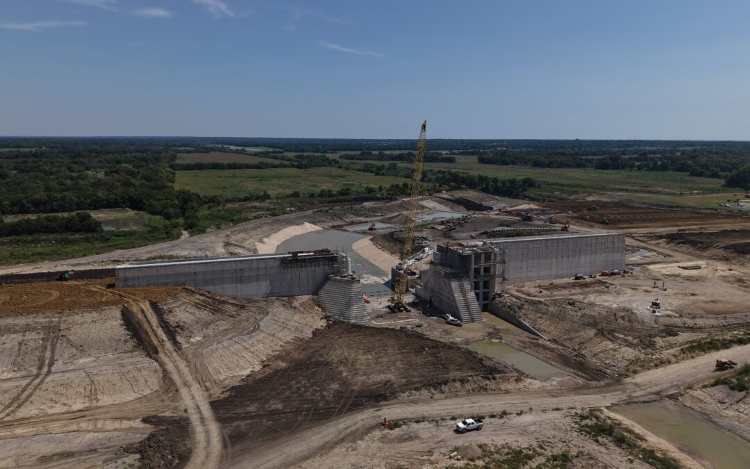 Reservoir spillway construction as of September 2025