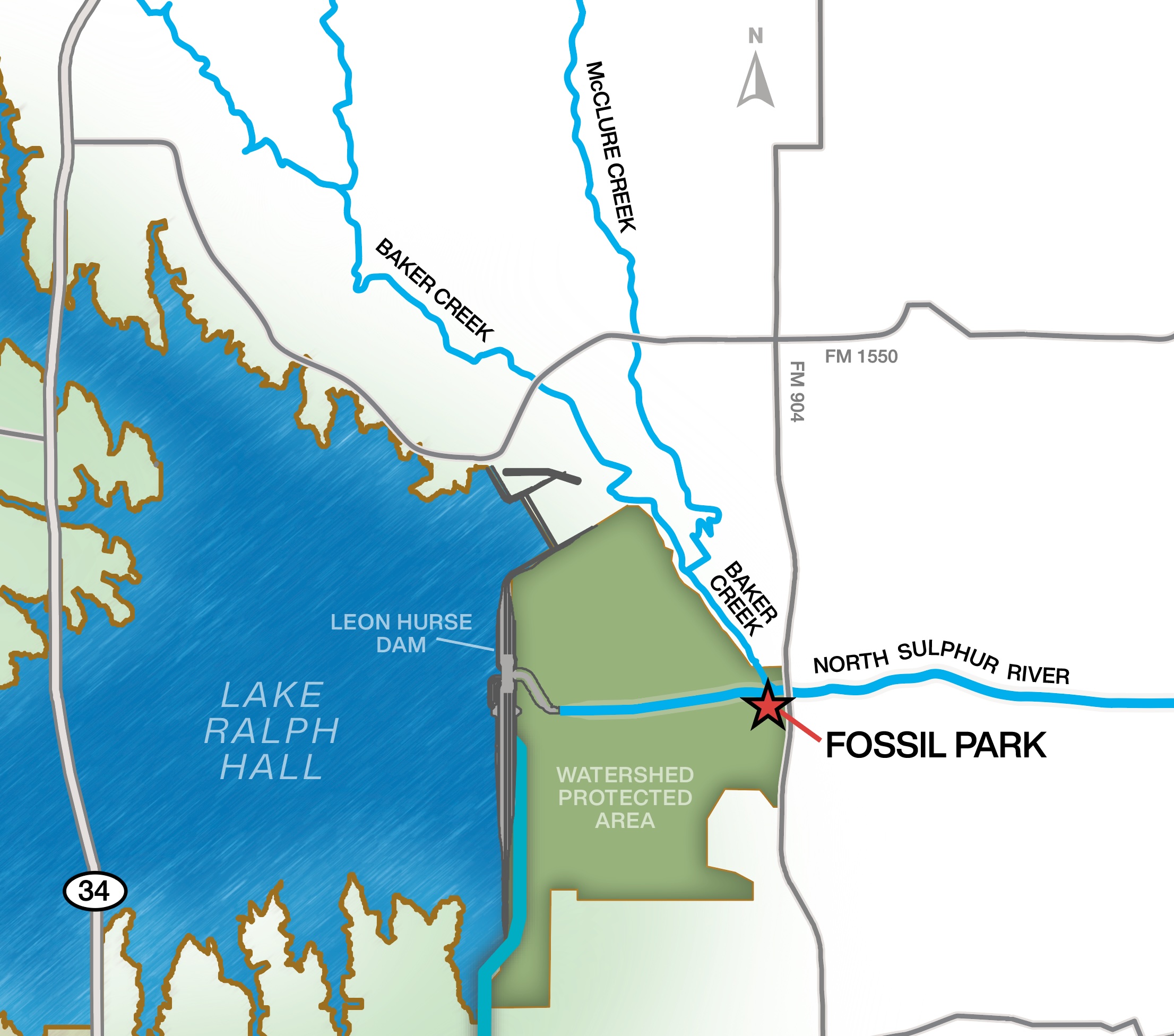 Fossil Park and Baker & mcClure Creeks Map The site of the future Ladonia Fossil Park is marked with a star just west of the Lake Ralph Hall dam. North of the park, Baker and McClure Creeks run south and into the North Sulphur River just before the location of the new fossil park.