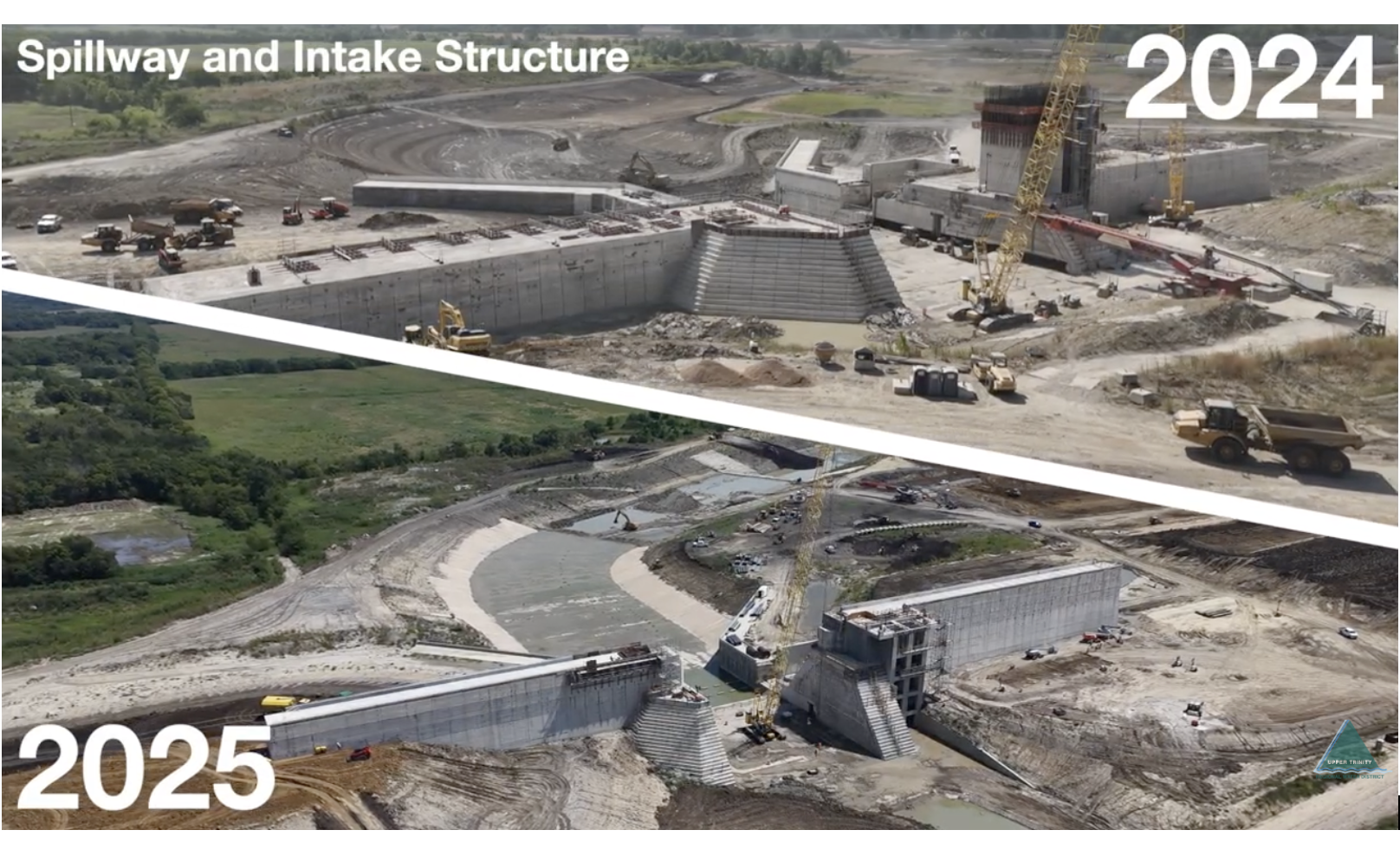 Video showing Lake Ralph Hall construction progress from 2024 to 2025.