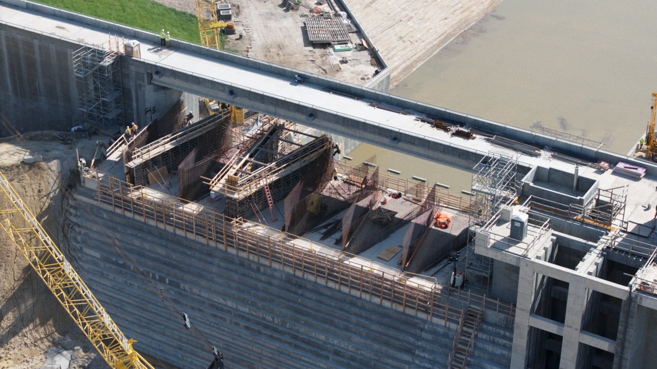 Reservoir labyrinth weir from behind - April 2026 - Lake Ralph Hall Reservoir labyrinth weir from behind - April 2026