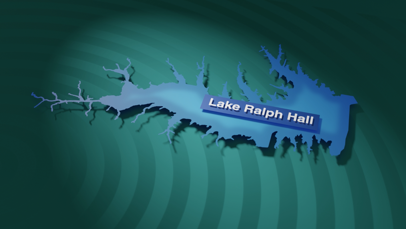 Blue silhouette map of Lake Ralph Hall with a purple banner reading 'Lake Ralph Hall' against a teal gradient background, conveying the lake's outline and name.